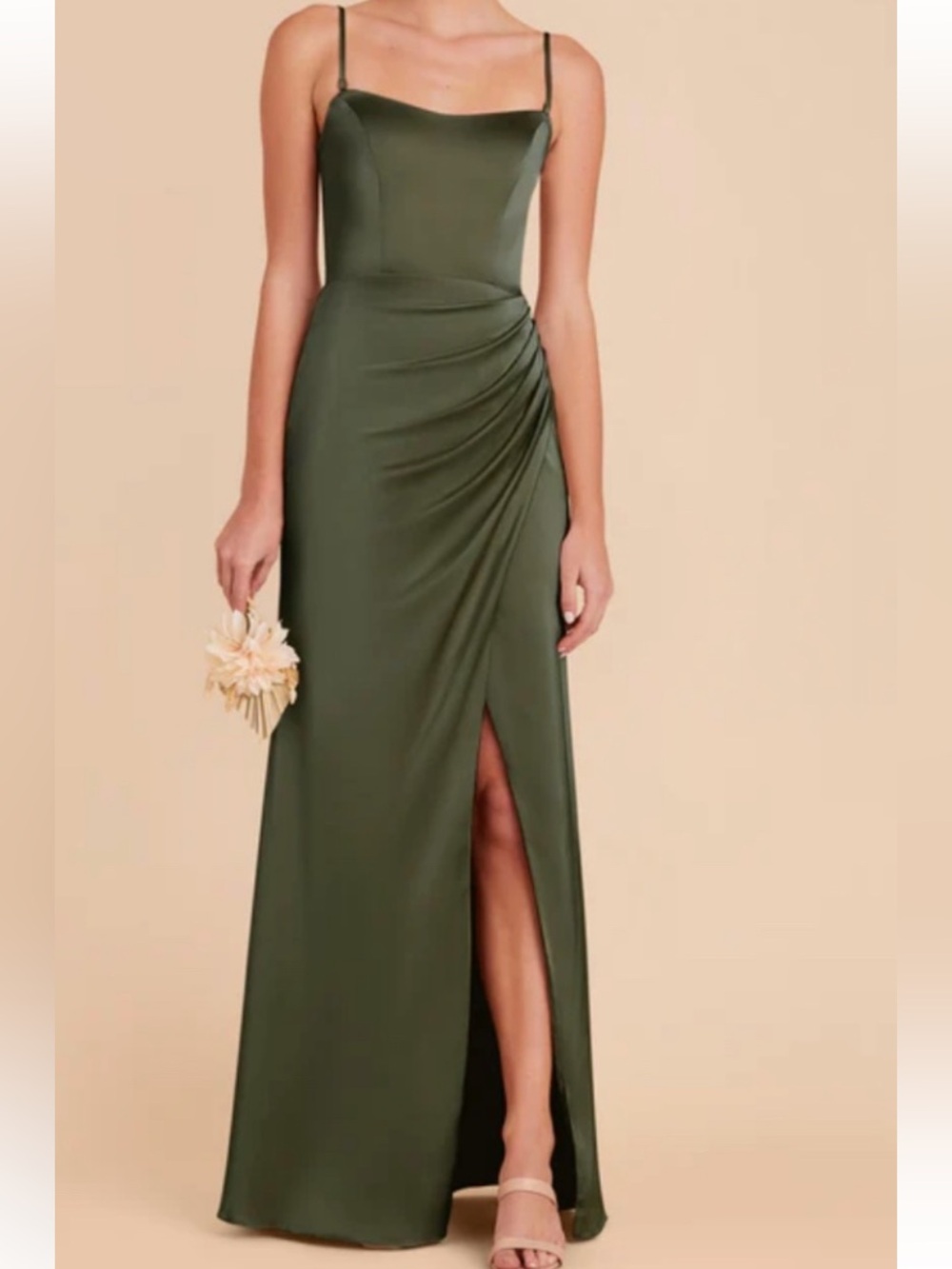 Olive Green Satin Cowl-Neck Maxi Dress